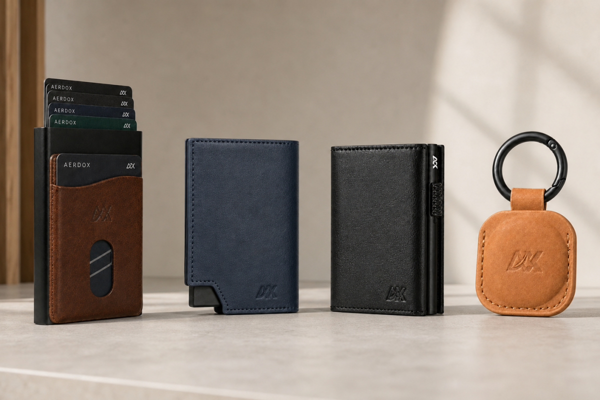 Aerdox wallet, cardholder and keyring range arranged in a Melbourne studio workspace