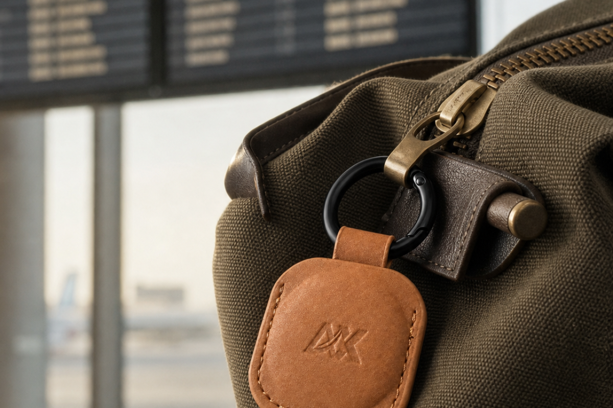 Aerdox brown AirTag Keyring attached to everyday keys beside an Aerdox wallet