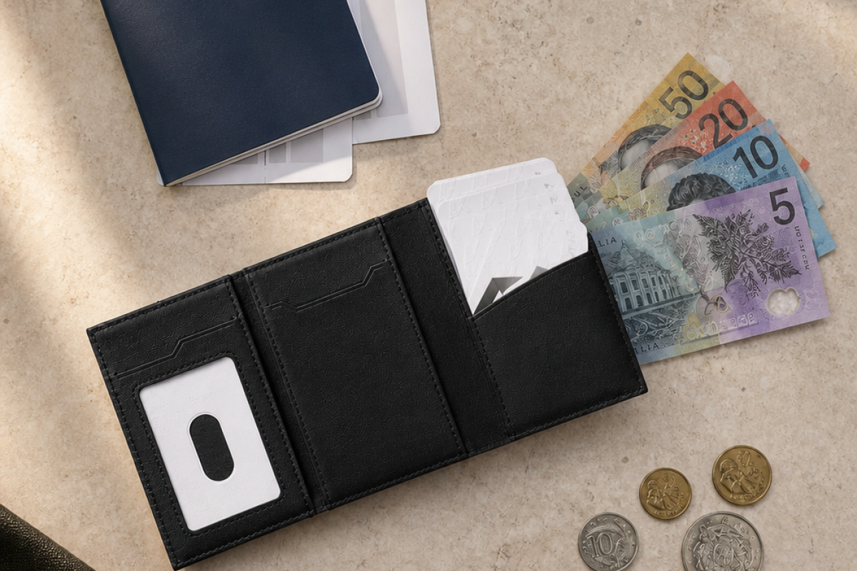 Aerdox Voyager Tri-fold Wallet and AirTag Keyring arranged with travel cards, keys and luggage tag
