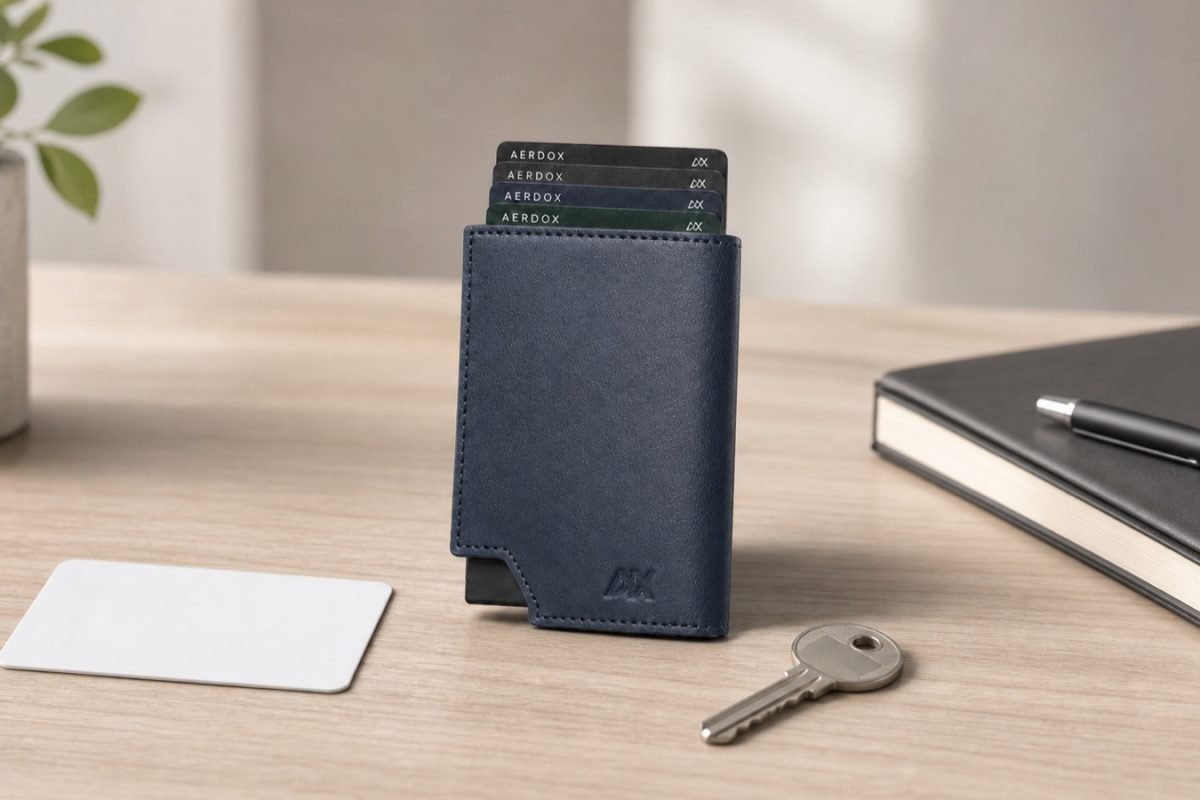 Aerdox Vector Bi-fold Wallet arranged with work ID, access pass, payment cards and office keys