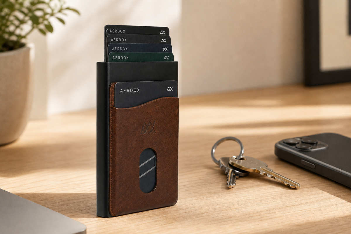 Aerdox Glide Cardholder beside a phone and keys on a warm timber desk