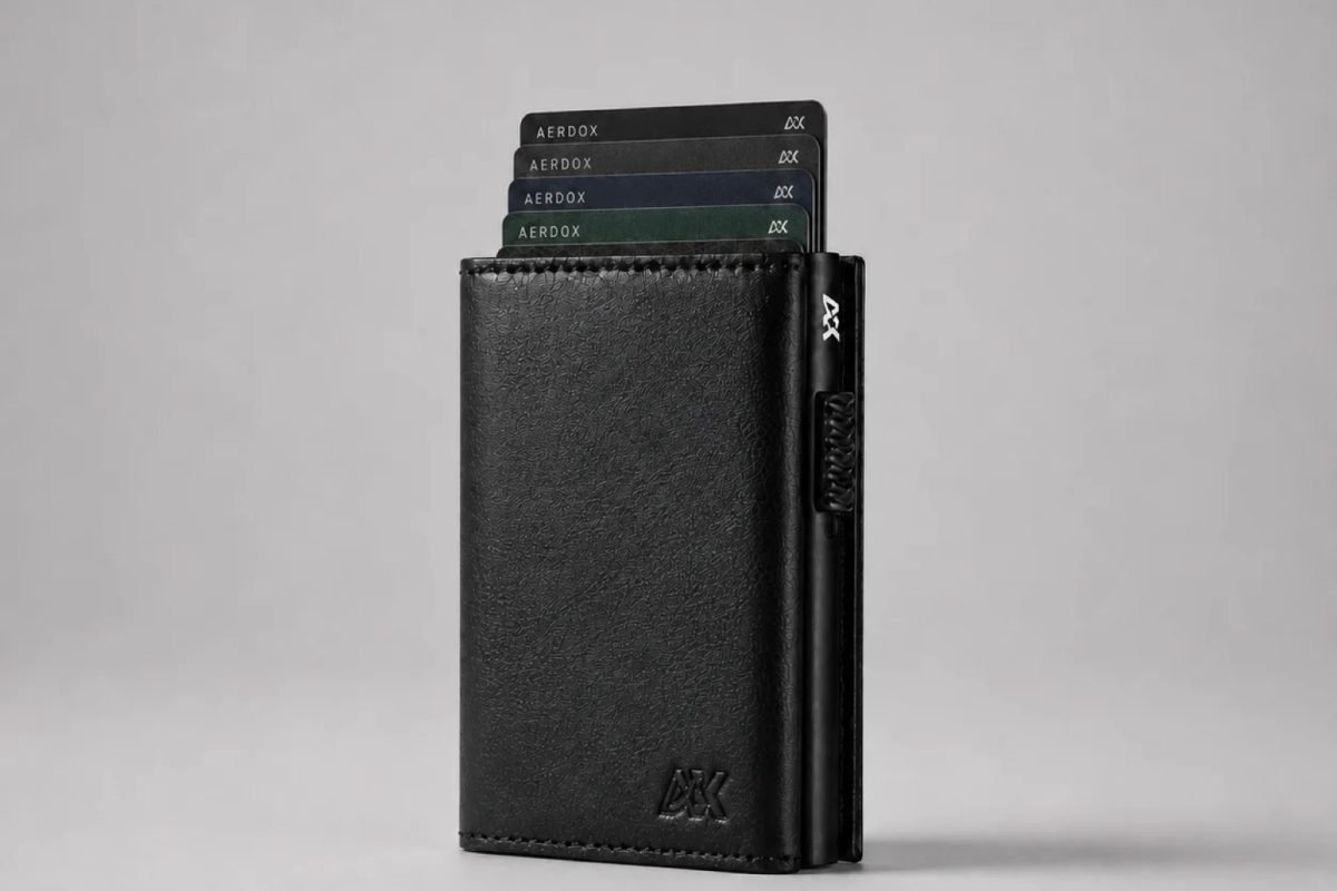 Aerdox Vector Bi-fold Wallet arranged with payment cards, Australian notes and a small coin tray