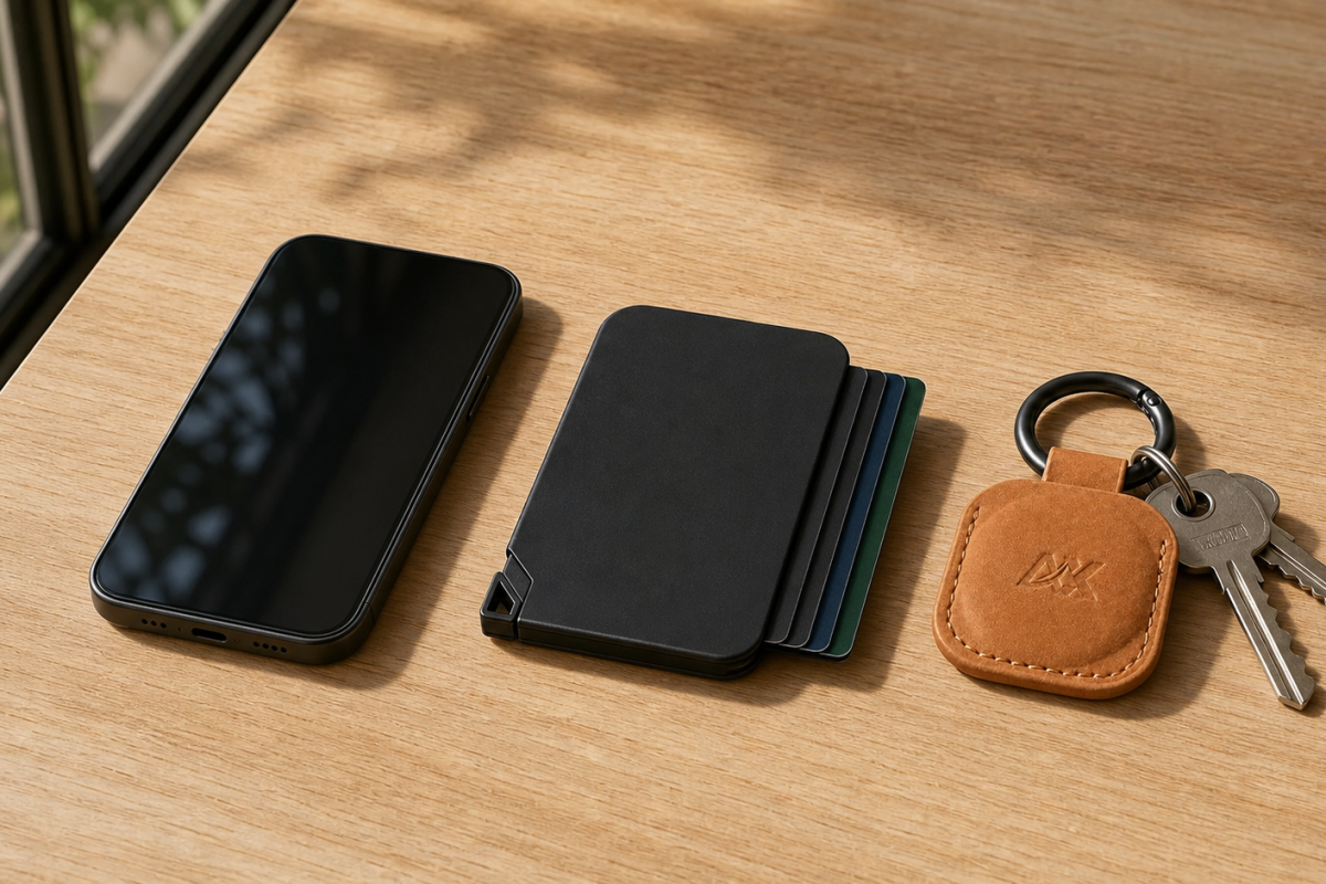 Aerdox AeroSnap, AirTag Keyring, phone and essential cards arranged as an Australian everyday-carry checklist