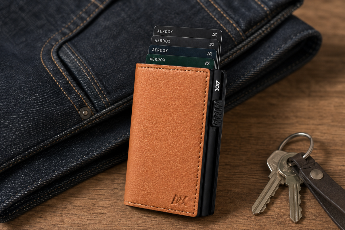 Aerdox Astra Bi-Fold Cardholder beside folded denim and keys for a front-pocket carry guide