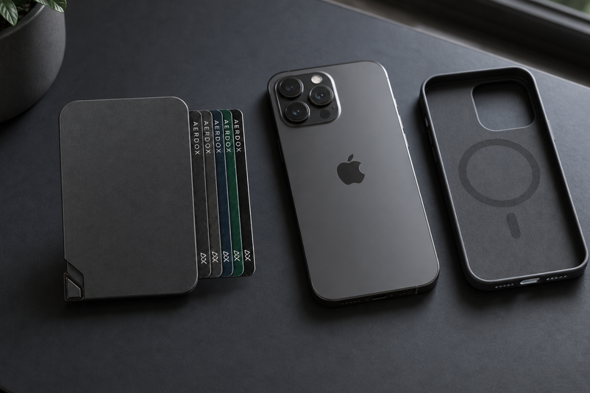 Aerdox AeroSnap MagSafe Wallet beside a compatible-style phone and case on a clean surface