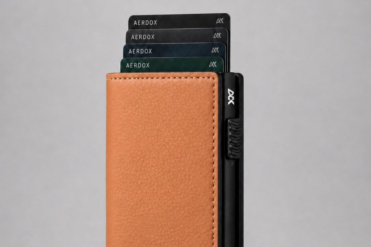 Aerdox Astra cardholder with an organised stepped card stack on a clean desk
