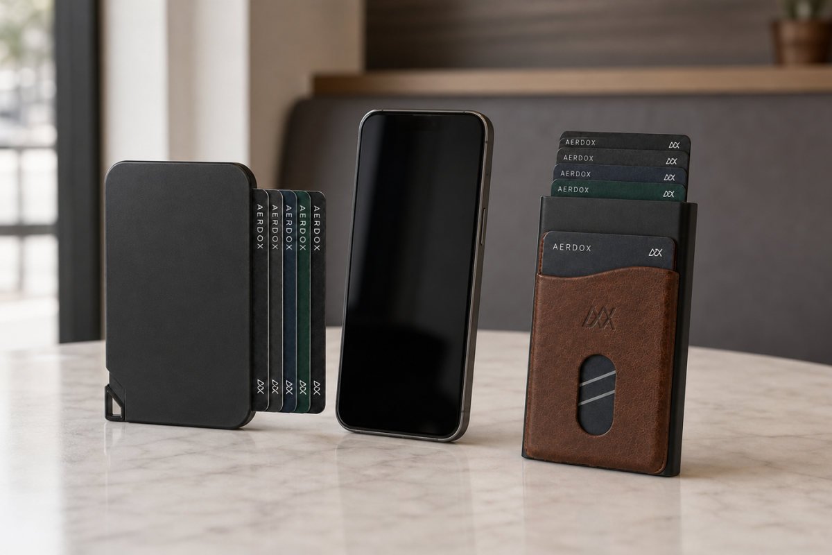Aerdox AeroSnap phone wallet compared with an Aerdox Glide separate cardholder on a desk
