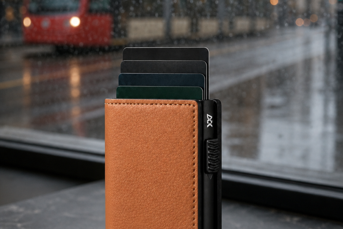 Aerdox Astra aluminium card chamber with contactless payment cards in a factual RFID-blocking guide