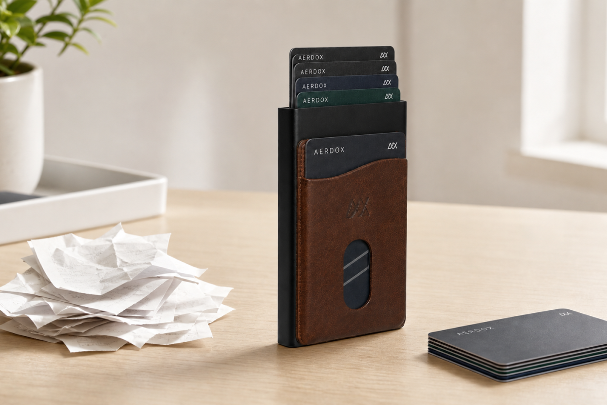 Aerdox Glide Cardholder with neatly sorted cards and discarded receipt clutter during a seven-day reset