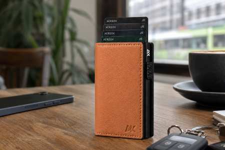 Aerdox Astra Bi-Fold Cardholder with phone, keys and coffee on a Melbourne cafe table