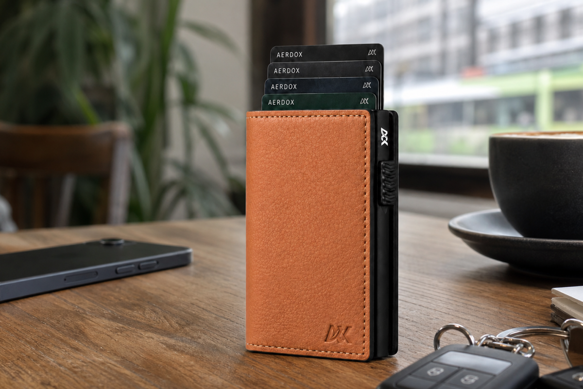Aerdox Astra Bi-Fold Cardholder with phone, keys and coffee on a Melbourne cafe table