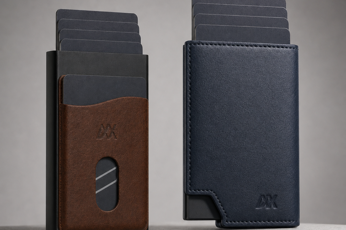Aerdox Glide Cardholder with student ID, transit card, phone and notebook on a campus desk
