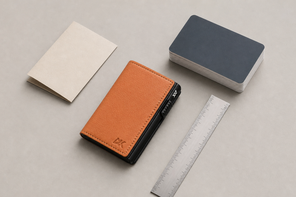 Aerdox wallet beside a ruler, card stack and folded notes on a clean comparison surface