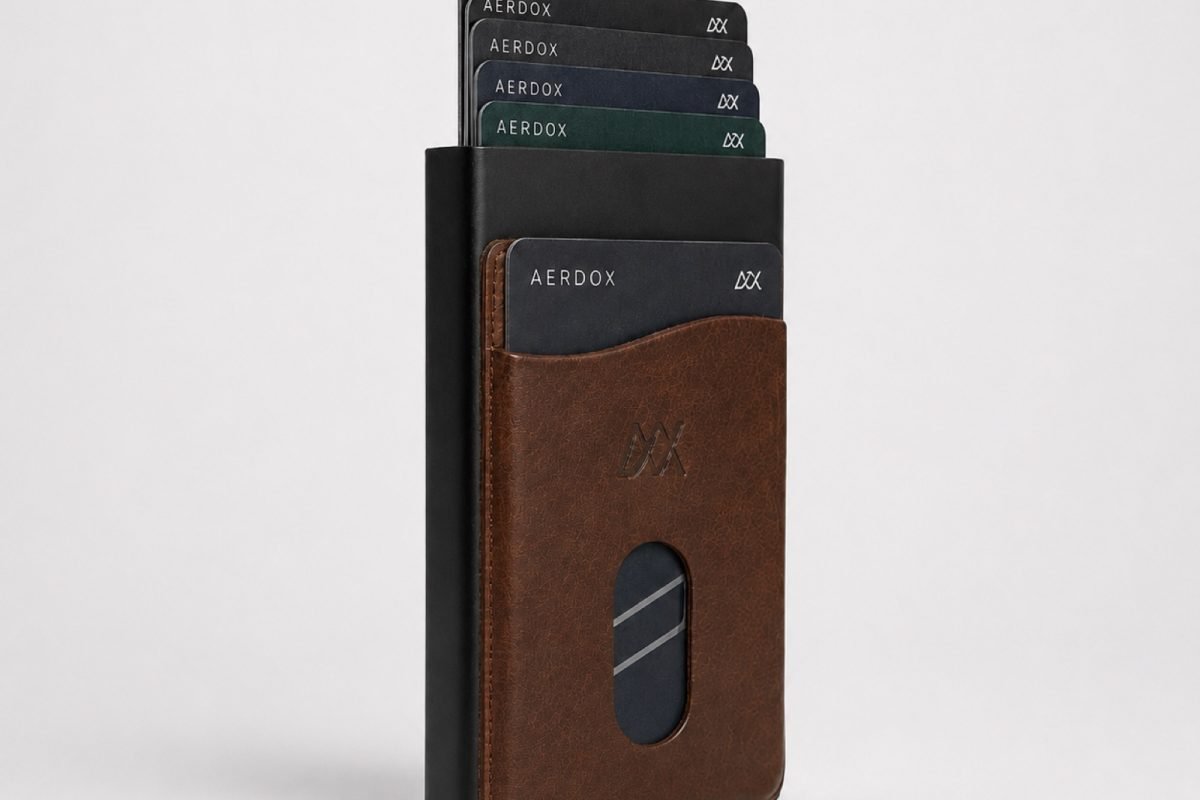 Close editorial view of Aerdox Astra leather-style wrap, stitching and aluminium card chamber