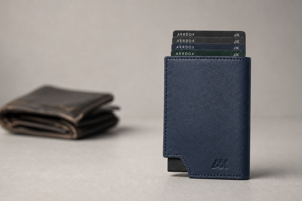 A worn wallet compared with a clean Aerdox Vector Bi-fold Wallet during an everyday-carry inspection